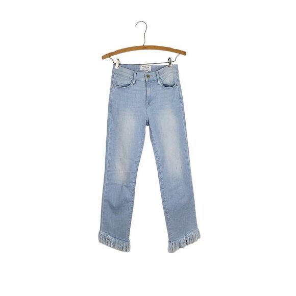 Frame Le High Straight Jeans Cascade Fringe Hem Light Blue Wash Womens Size 25 - Picture 1 of 13